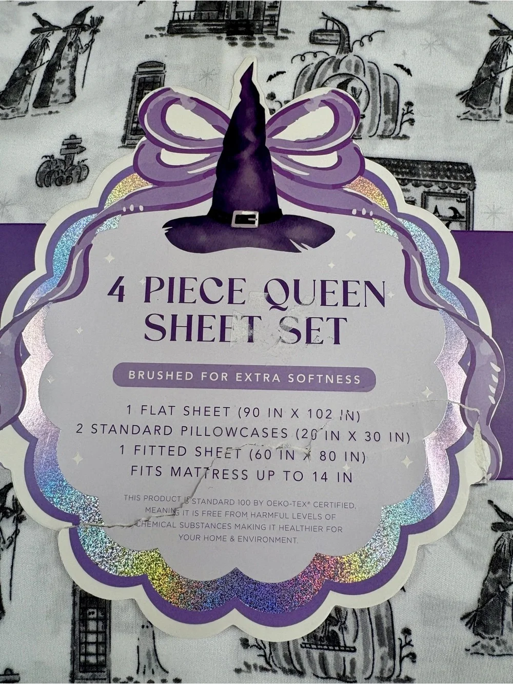 Halloween Witch & Friends Spooky Town Black & White Queen 4-Piece Sheet Set, NEW